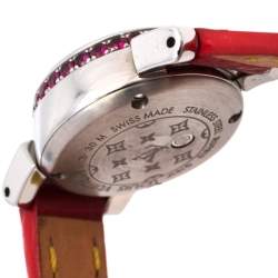 Louis Vuitton Mother Of Pearl Stainless Steel & Leather Diamonds Tambour Bijou Q151F Women's Wristwatch 18 mm