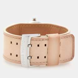 Louis Vuitton Pink Mother Of Pearl Stainless Steel Patent Leather Tambour Q1216 Women's Wristwatch 28 mm