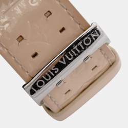 Louis Vuitton Pink Mother Of Pearl Stainless Steel Patent Leather Tambour Q1216 Women's Wristwatch 28 mm