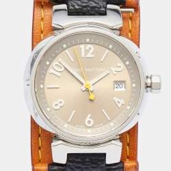 Louis Vuitton Bronze Stainless Steel Leather Tambour Q1212 Women's Wristwatch 28 mm