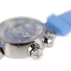 Louis Vuitton Blue Diamonds Stainless Steel Tambour Q1330 Quartz Women's Wristwatch 35 mm