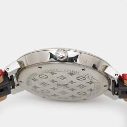Louis Vuitton Silver Diamonds Stainless Steel Alligator Tambour Q1E01 Women's Wristwatch 39 mm