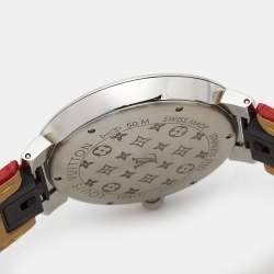 Louis Vuitton Silver Diamonds Stainless Steel Alligator Tambour Q1E01 Women's Wristwatch 39 mm