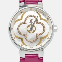  Louis Vuitton Mother of Pearl Diamond Stainless Steel Leather Tambour QA019 Women's Wristwatch 35mm   