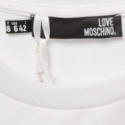 Pre Owned Love Moschino White Logo Embellished Cotton Knit Mini Dress M