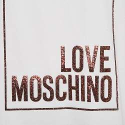 Pre Owned Love Moschino White Logo Embellished Cotton Knit Mini Dress M