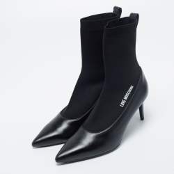 Love Moschino Black Leather And Knit Fabric Pointed Toe Classic Ankle Boots Size 38