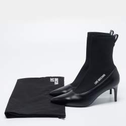 Love Moschino Black Leather And Knit Fabric Pointed Toe Classic Ankle Boots Size 38