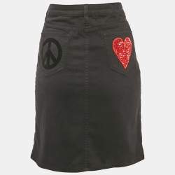Love Moschino Black Printed Denim Heart Sequin Detail Mini Skirt M