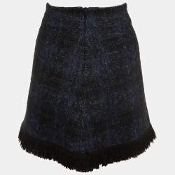 Pre Owned Love Moschino Navy Blue Tweed Fringed Mini Skirt M