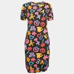 Pre Owned Love Moschino Black Printed Cotton Knit Short Dress S