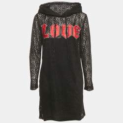 Pre Owned Love Mocshino Black Love Applique Mesh Hooded Dress M