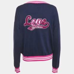 Pre Owned Love Moschino Navy Blue Cotton Logo Sequin Detail Button Front Cardigan L