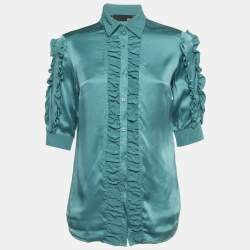 Pre Owned Love Moschino Blue Silk Ruffled Shirt S