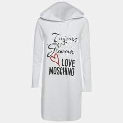 Pre Owned Love Moschino White Printed Cotton Hoodie Dress S