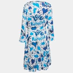 Pre Owned Love Moschino Blue/White Paint Splashed Satin Midi Dress M
