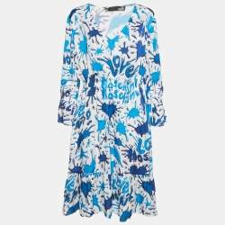 Pre Owned Love Moschino Blue/White Paint Splashed Satin Midi Dress M