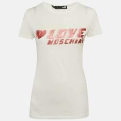 Pre Owned Love Moschino White Glitter Logo Printed Cotton Knit T-Shirt S