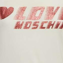 Pre Owned Love Moschino White Glitter Logo Printed Cotton Knit T-Shirt S