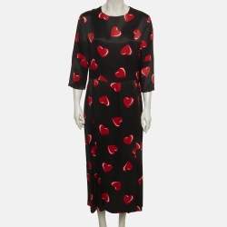 Pre Owned Love Moschino Black Heart Print Satin Flared Midi Dress L