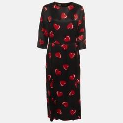 Pre Owned Love Moschino Black Heart Print Satin Flared Midi Dress L