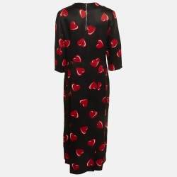 Pre Owned Love Moschino Black Heart Print Satin Flared Midi Dress L
