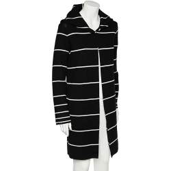 Pre Owned Love Moschino Black Striped Wool Hooded Mid Length Overcoat M