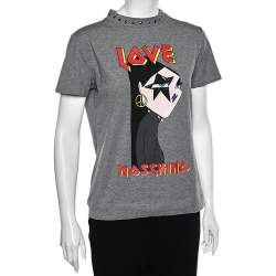 Love Moschino Grey Cotton Knit Logo Printed T-Shirt L