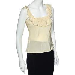 Love Moschino Cream Silk Ruffled Neck Sleeveless Top S