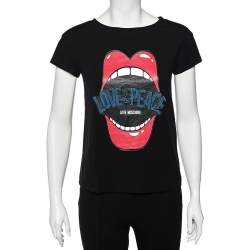 Love Moschino Black Mouth Printed Love & Peace Embellished Cotton T-Shirt S