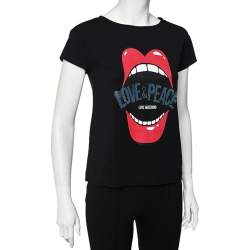 Love Moschino Black Mouth Printed Love & Peace Embellished Cotton T-Shirt S