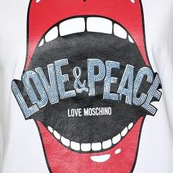 Love Moschino White Mouth Printed Love & Peace Embellished Cotton T-Shirt M