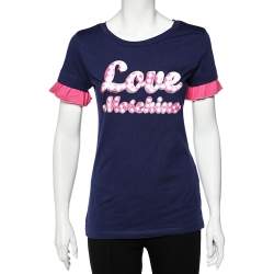 Love Moschino Navy Blue Logo Printed Cotton Ruffle Sleeve T-Shirt M