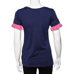 Love Moschino Navy Blue Logo Printed Cotton Ruffle Sleeve T-Shirt M