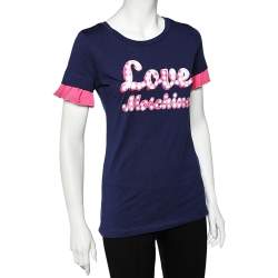 Love Moschino Navy Blue Logo Printed Cotton Ruffle Sleeve T-Shirt M