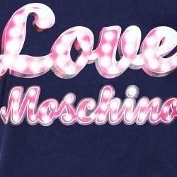 Love Moschino Navy Blue Logo Printed Cotton Ruffle Sleeve T-Shirt M