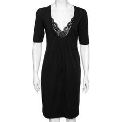 Pre Owned Love Moschino Black Cotton Embellished Lace Trim Detailed Dress M 