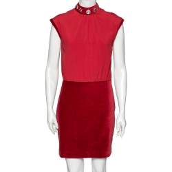 Love Moschino Red Chiffon & velvet Paneled Embellished Detail Sleeveless Sheath Dress M