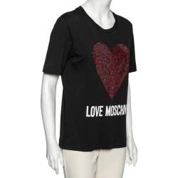 Love Moschino Black Logo Printed Cotton Heart Embellished T-Shirt M 