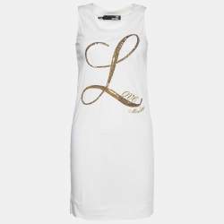 Love Moschino Off-White Sequined Logo Jersey Sleeveless Dress S