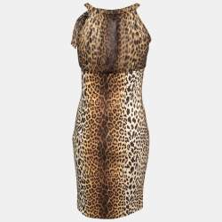 Pre Owned Love Moschino Brown Leopard Print Silk & Cotton Mini Dress M