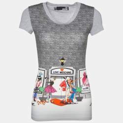 Love Moschino Grey Printed Cotton Knit Round Neck T-Shirt S