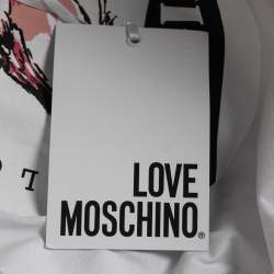 Pre Owned Love Moschino White Logo Print Cotton Draped Half Sleeve T-Shirt S