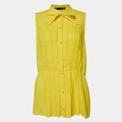 Love Moschino Yellow  Chiffon Pleated Detail Button Front Sleeveless Shirt M