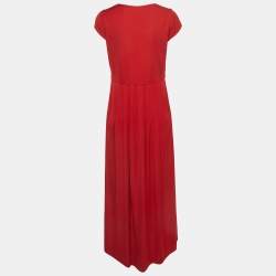 Pre Owned Love Moschino Red Crepe Leather Patch Pleated Maxi Dress S