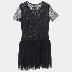 Love Moschino Black Dotted Tulle Gathered Mini Dress M