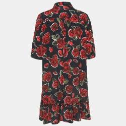 Pre Owned Love Moschino Black Rose Print Crepe Buttoned Mini Shirt Dress M