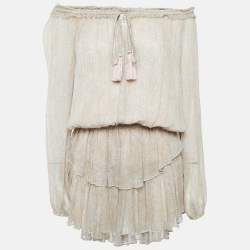 Pre Owned Love Shack Fancy Beige Printed Lurex Silk Flounce Mini Dress L