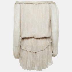 Pre Owned Love Shack Fancy Beige Printed Lurex Silk Flounce Mini Dress L