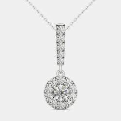 14K White Gold Natural Diamond Halo Stick Pendant Necklace (0.50 Ctw)